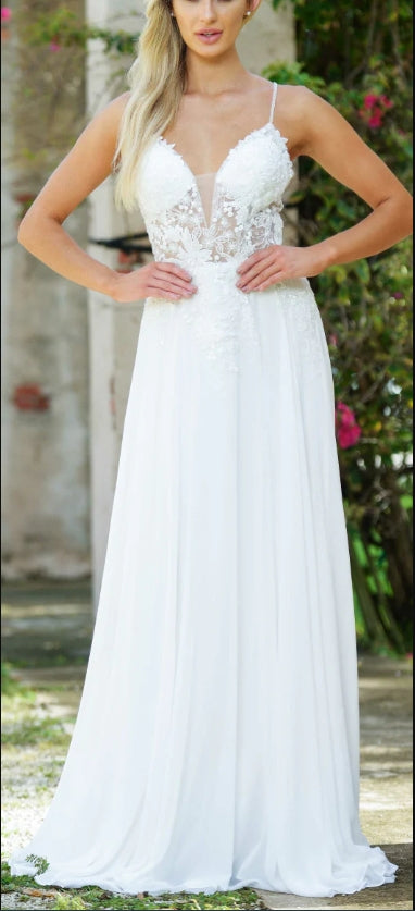 Wedding Dress November December Wedding A-line Chiffon Sleeveless See-Through Deep Sweetheart Bodice Bead Embellished Floral Applique Bodice Floor Length Chiffon Skirt Sweep Train Formal Dress