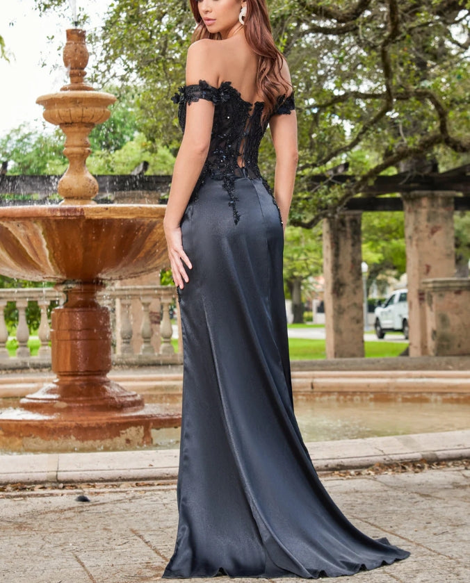 Evening Dress Strapless Sexy Sheer Lace Applique Lace up Open Back Side Leg Fork Black Formal Dress