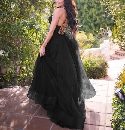 Evening Dress A-Line Tulle Dress Lace Bodice Lace up open Back Side Leg Slit Sweep Train Black Formal Dress