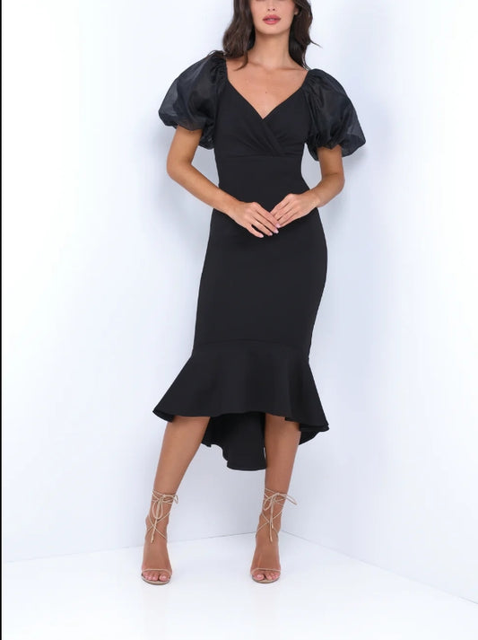 Evening Dress Mermaid V-Neckline Zip-up Back Charming Puff Sleeve Ruffled Hem Black Formal Dress