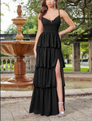 Evening Dress Spaghetti Strap Cascading Ruffles Side fork Gracefully Black Formal Dress