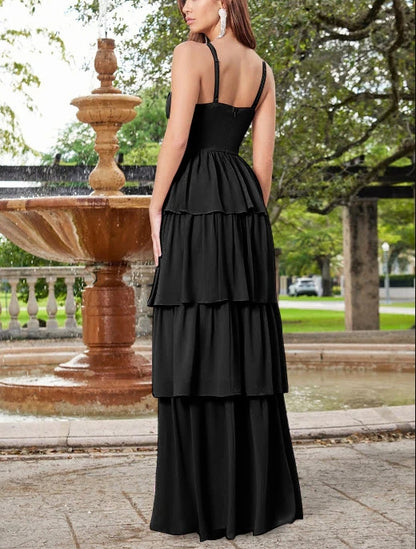 Evening Dress Spaghetti Strap Cascading Ruffles Side fork Gracefully Black Formal Dress