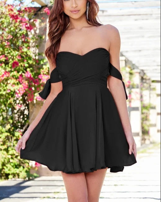 Evening Dress Satin Sweetheart Neckline Draped Off The Shoulder Tied Arm Sleeves Hidden Back Zipper Backless Short skirt Black Formal Dress