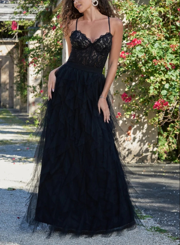 Evening Dress Bodice Sexy Sheer Lace Lace up Open Back Floor Length Gown Ruffle Tulle Skirt Black Formal Dress