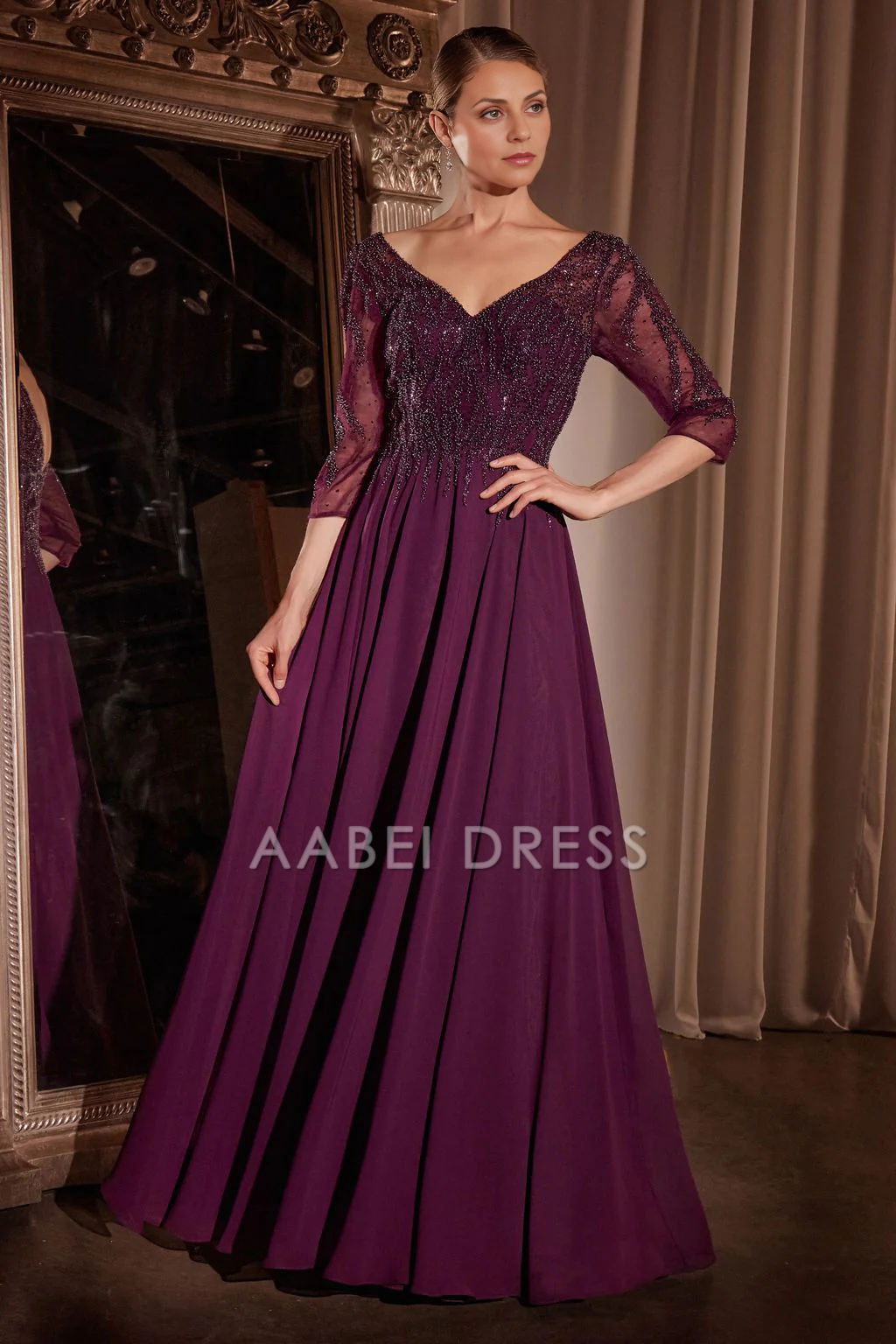 AABEI DRESS Formal Wear Dresse Elegant A Line V Neck 3/4sleeves Fashion Long Mother Of The Bride Dress