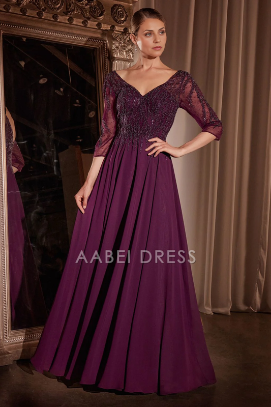 AABEI DRESS Formal Wear Dresse Elegant A Line V Neck 3/4sleeves Fashion Long Mother Of The Bride Dress