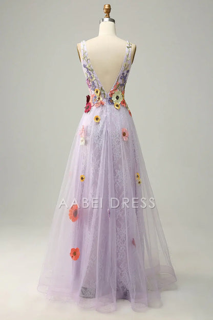 AABEI DRESS Hot Sale Prom Dress Exquisite A Line Deep V Neck Romantic Appliques Backless Long Party Dress