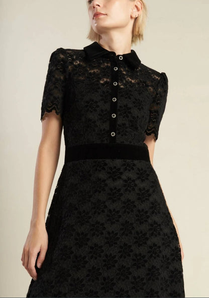 Evening Dress Lace Dress Featuring Shirt Collar Bodice Button Down Short Sleeve Back Zipper Closure Black Formal Dress