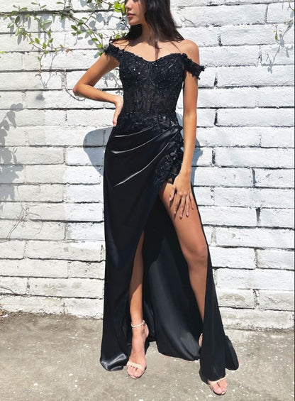 Evening Dress Soft Satin Off-the-shoulder Lace Adorned Sheer Bodice Detailed Flowers Beading Thigh-High Leg Slit Elegant Black Formal Dress