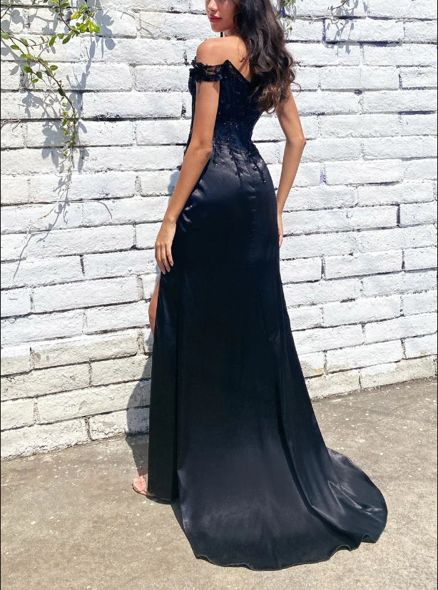 Evening Dress Soft Satin Off-the-shoulder Lace Adorned Sheer Bodice Detailed Flowers Beading Thigh-High Leg Slit Elegant Black Formal Dress