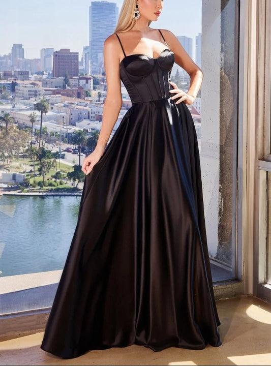 Evening Dress Luxe Satin A-Line Sweetheart Neckline Gathered Waistline Leg Slit Back Lace-up Corset Black Formal Dress