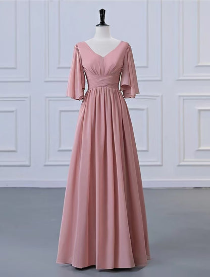 A-Line Bridesmaid Dress V Neck Half Sleeve Elegant Floor Length Chiffon with Pleats / Ruffles