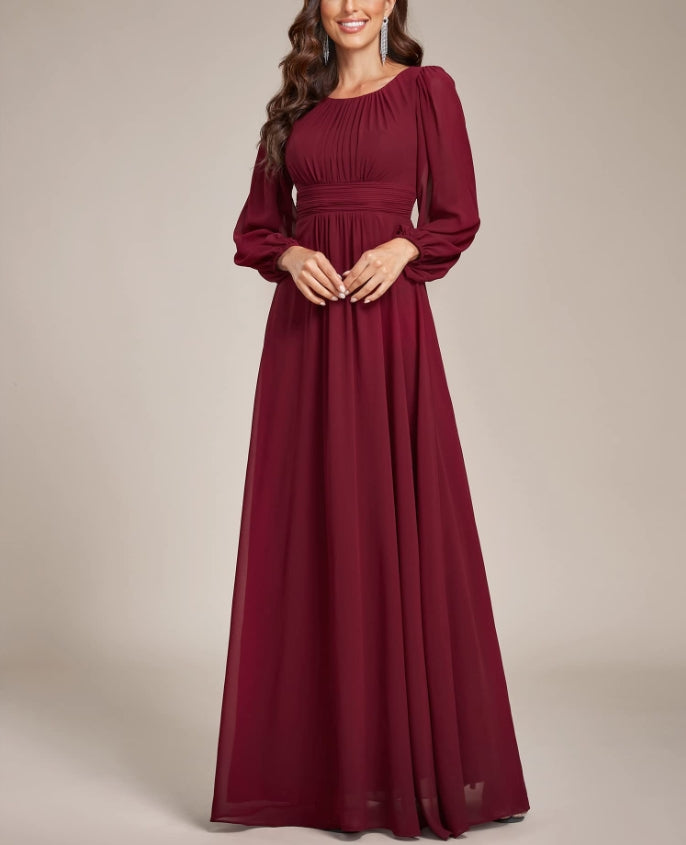 Mother of The Bride Dress Women's Crewneck Lantern Sleeves A-Line Pleated Chiffon Maxi Formal Dress Wedding Guest Dress