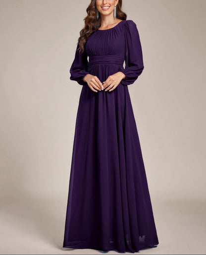 Mother of The Bride Dress Women's Crewneck Lantern Sleeves A-Line Pleated Chiffon Maxi Formal Dress Wedding Guest Dress