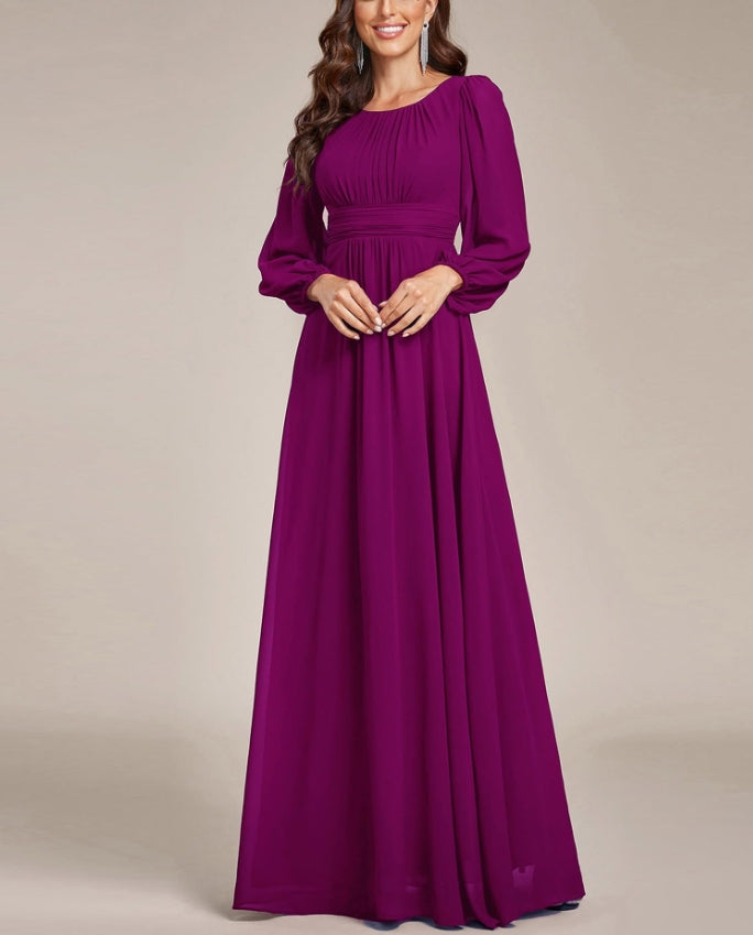 Mother of The Bride Dress Women's Crewneck Lantern Sleeves A-Line Pleated Chiffon Maxi Formal Dress Wedding Guest Dress