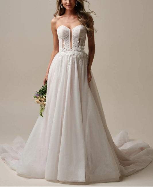 Wedding Dress A-Line Sweetheart Neckline Off-the-Shoulder Sleeveless 3-D Floral Beaded Bridal Gown Formal Wear Dress