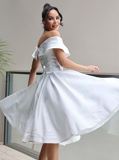 Princess Satin Ruffles Off-the-Shoulder Sleeveless Length Wedding Dresses