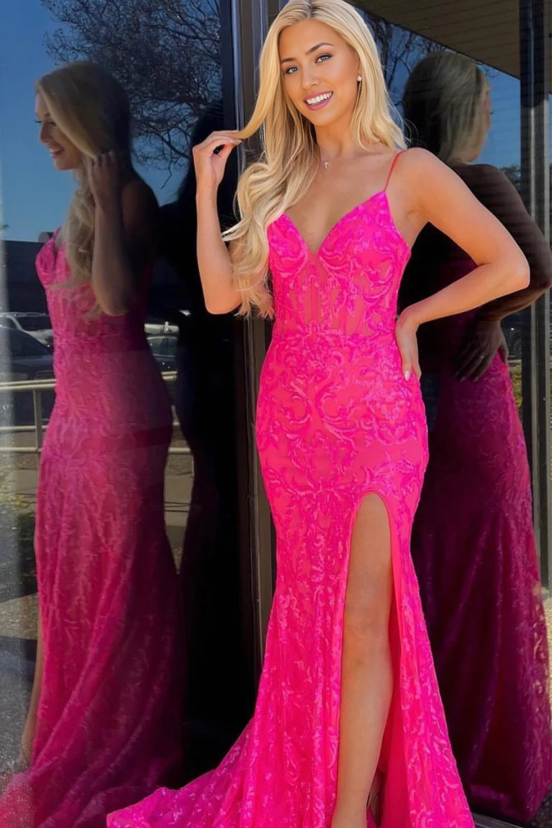 Prom Dress Mermaid Spaghetti Straps Sequined Lace