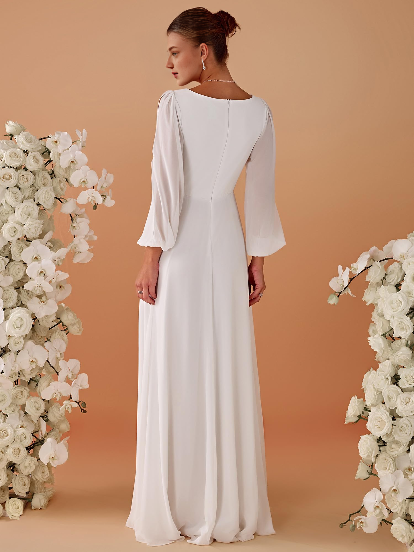 Wedding Dress V Neck Long Sleeves Floor Length Ruched Chiffon Formal Women's Dresses