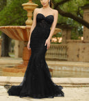 Evening Dress Sweetheart Neckline Open Back Length Floor length Applique Beaded Lace Tulle Black Formal Dress