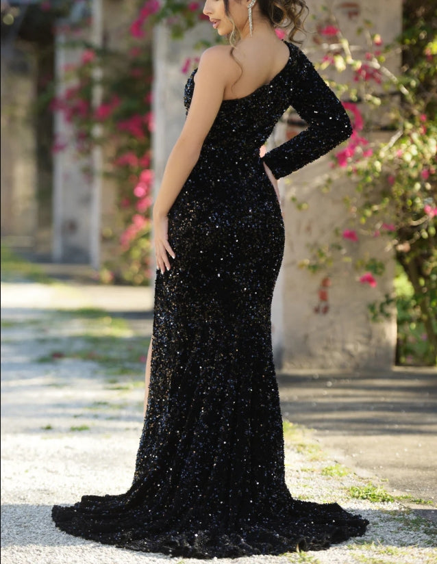 Evening Dress Velvet Sequins High Leg Slit One Sleeve Black Formal Dress