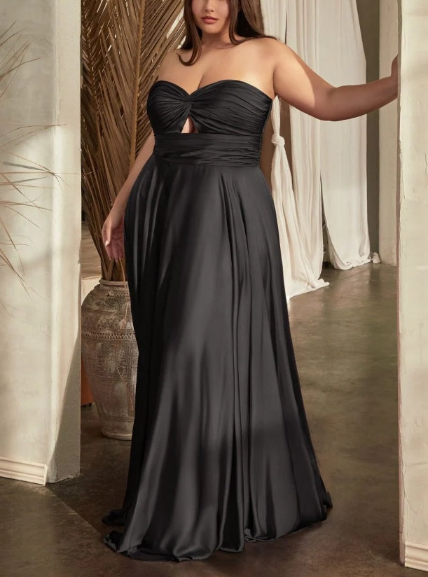 Evening Dress Satin A-Line Strapless Backless Wrinkle Elegant Black Formal Dress