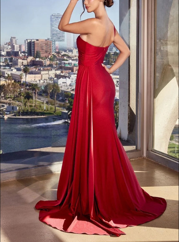 Evening Dress One-Shoulder Luxurious Satin Side Hip Sash Mermaid Cultivate oneself Black Formal Dress