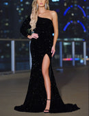 Evening Dress Sequin One Sleeve Side fork Mermaid Tight Titting Elegant Black Formal Dress