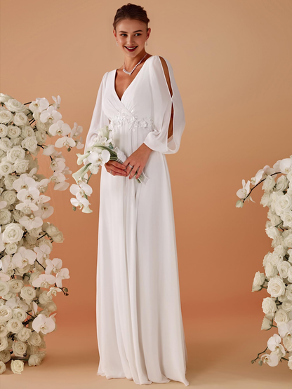 Wedding Dress V Neck Long Sleeves Floor Length Ruched Chiffon Formal Women's Dresses