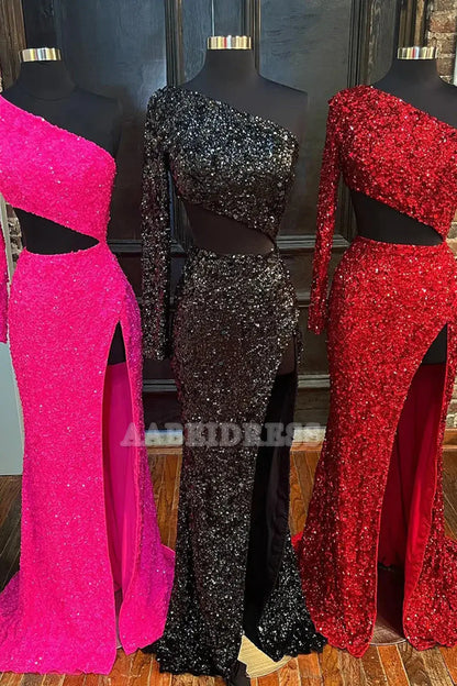 Evening Dress Sheath One Shoulder Long Sleeves Sequins Long Prom Dress Side Fork Unique Sparkle Formal Women's Dresses