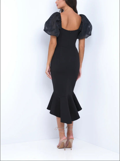 Evening Dress Mermaid V-Neckline Zip-up Back Charming Puff Sleeve Ruffled Hem Black Formal Dress