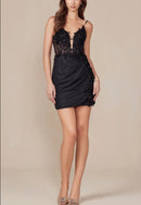 Evening Dress Features Embroidered Lace Appliques Deep Sweetheart Bodice Corset Boning Straps Mini Dress Black Formal Dress