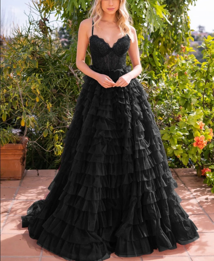 Evening Dress A-line Tulle Skirt Bodice Embellished Same Tone Crystals Lace up Open Back Floor Length Layered Ruffles Side Leg Slit Sweep Train Black Formal Dress