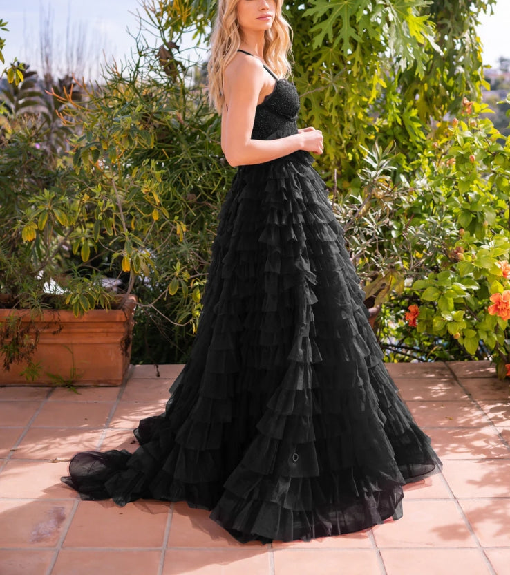 Evening Dress A-line Tulle Skirt Bodice Embellished Same Tone Crystals Lace up Open Back Floor Length Layered Ruffles Side Leg Slit Sweep Train Black Formal Dress