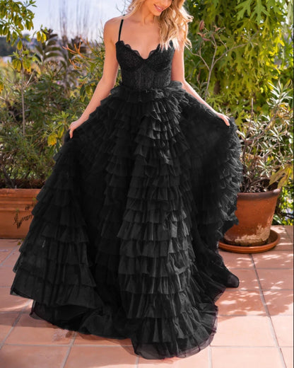 Evening Dress A-line Tulle Skirt Bodice Embellished Same Tone Crystals Lace up Open Back Floor Length Layered Ruffles Side Leg Slit Sweep Train Black Formal Dress