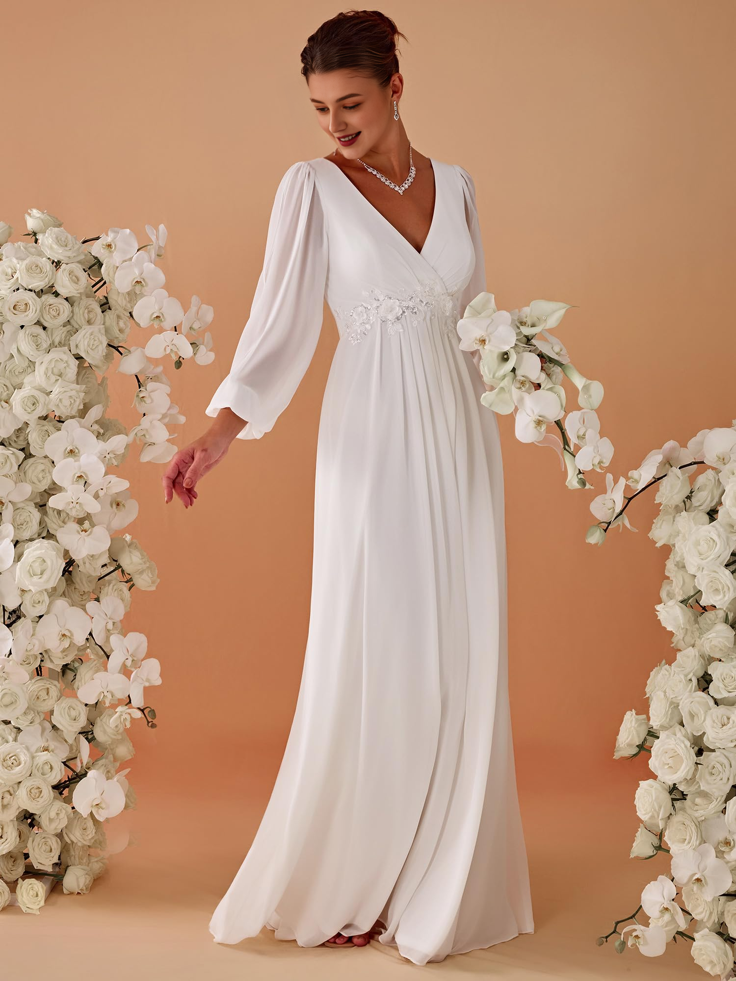 Wedding Dress V Neck Long Sleeves Floor Length Ruched Chiffon Formal Women's Dresses