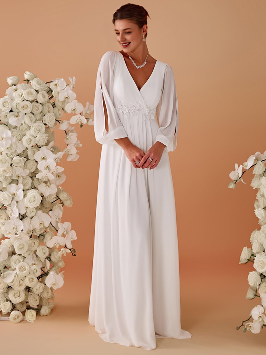 Wedding Dress V Neck Long Sleeves Floor Length Ruched Chiffon Formal Women's Dresses