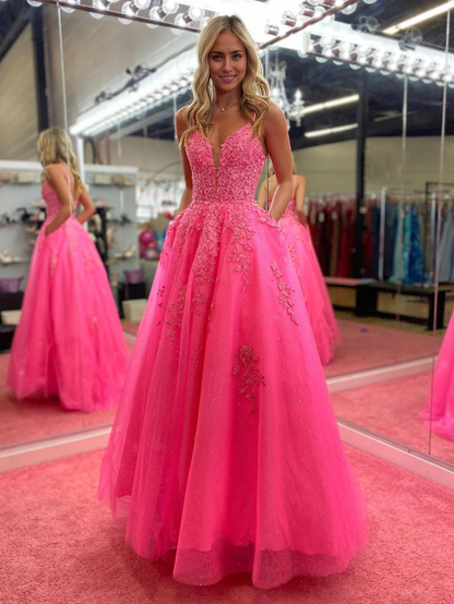 Prom Dress V Neck Pink A Line Lace Long