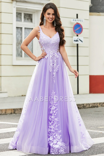 AABEI DRESS Hot Sale Prom Dress Gorgeous A Line V Neck Spaghetti Straps Backless Tulle Appliques Long Party Dress