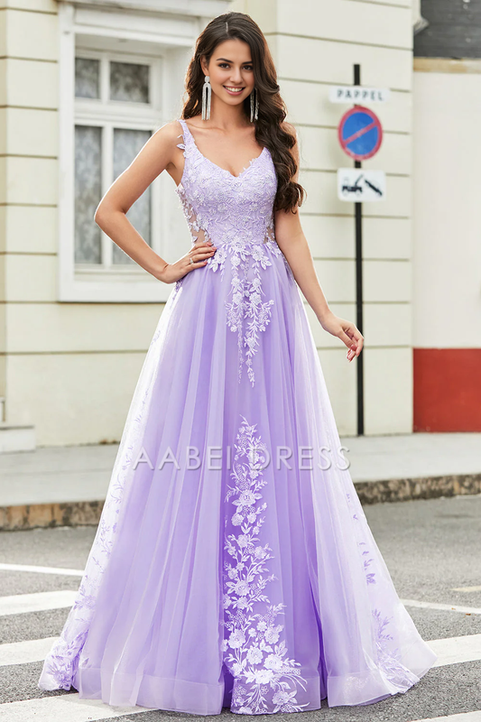 AABEI DRESS Hot Sale Prom Dress Gorgeous A Line V Neck Spaghetti Straps Backless Tulle Appliques Long Party Dress