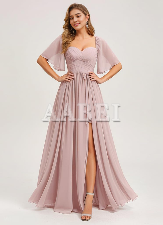 Formal Wear Dresses Bridesmaid Dresses A Line Flutter Sleeves Ruched Chiffon Side Fork Long Wedding Guest Dresses
