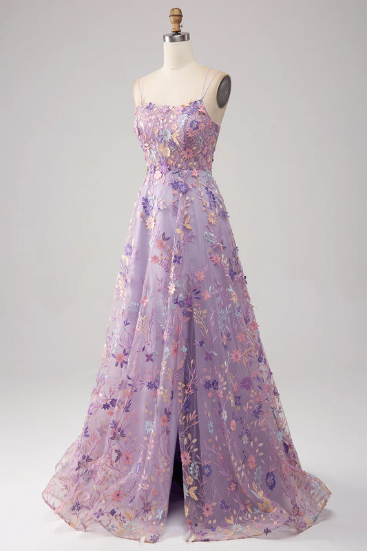 AABEI DRESS Hot Sale Prom Dress A Line Spaghetti Straps Front Slit Tulle Embroidery Long Evening Dress