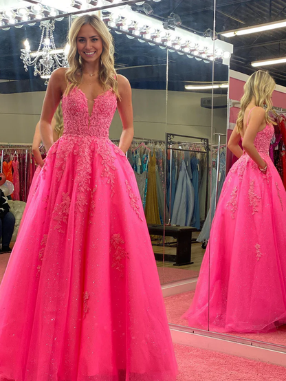 Prom Dress V Neck Pink A Line Lace Long