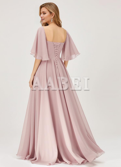 Formal Wear Dresses Bridesmaid Dresses A Line Flutter Sleeves Ruched Chiffon Side Fork Long Wedding Guest Dresses
