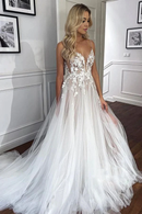 Wedding Dress A Line V Neck Spaghetti StrapLace Tulle Appliques Side Fork Formal Dresses