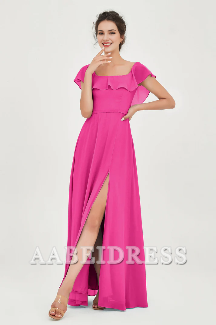 AABEI DRESS Bridesmaid Dresses Chiffon A-Line Square Neckline Flutter Sleeves Ruffle Side Fork Elegant Simple Wedding Guests Dresse