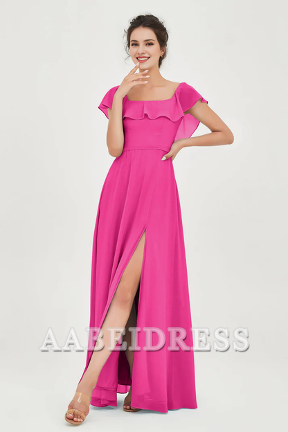 AABEI DRESS Bridesmaid Dresses Chiffon A-Line Square Neckline Flutter Sleeves Ruffle Side Fork Elegant Simple Wedding Guests Dresse