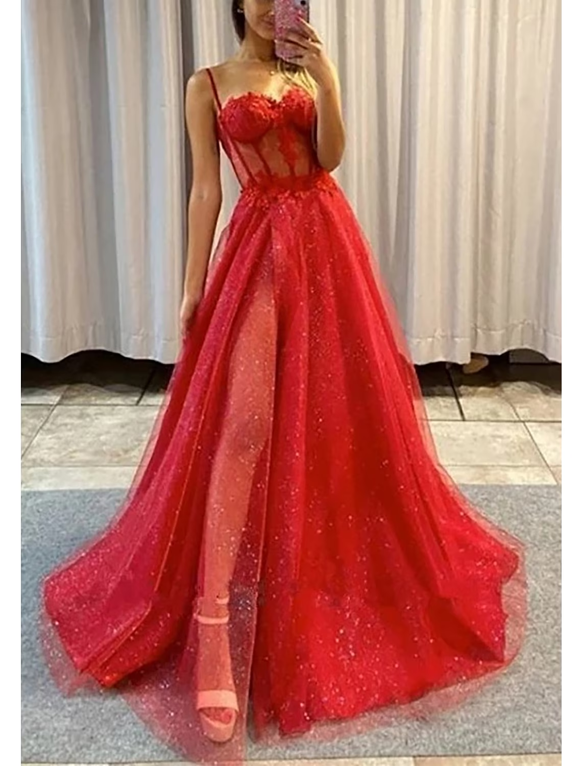 A-Line Prom Dresses Glitter Formal Gothic Dress Graduation Floor Length Sleeveless Sweetheart Spaghetti Tulle with Slit