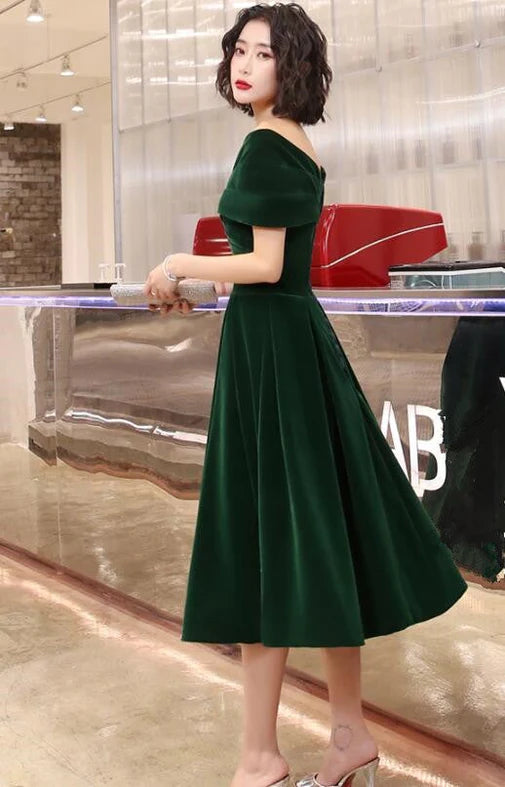 Green Velvet Off Shoulder Vintage Style Bridesmaid Dress, Tea Length Party Dress