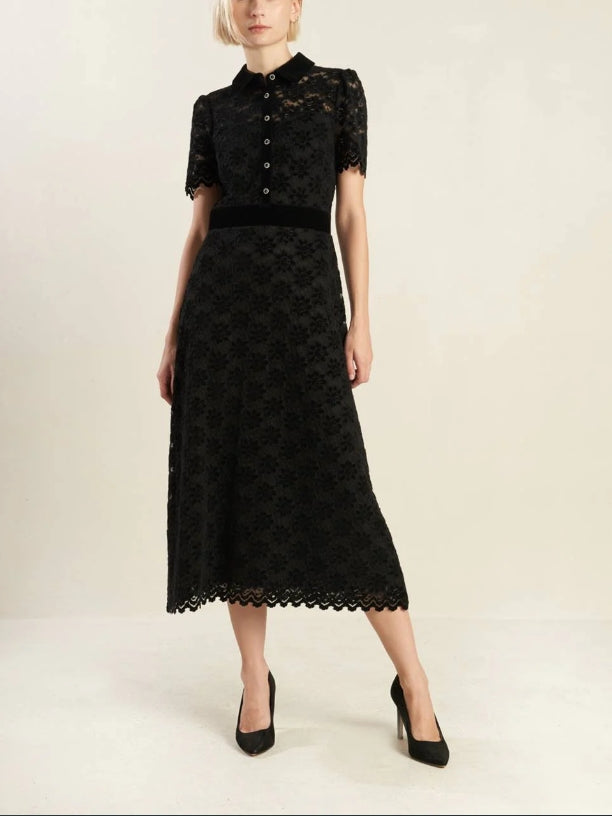 Evening Dress Lace Dress Featuring Shirt Collar Bodice Button Down Short Sleeve Back Zipper Closure Black Formal Dress